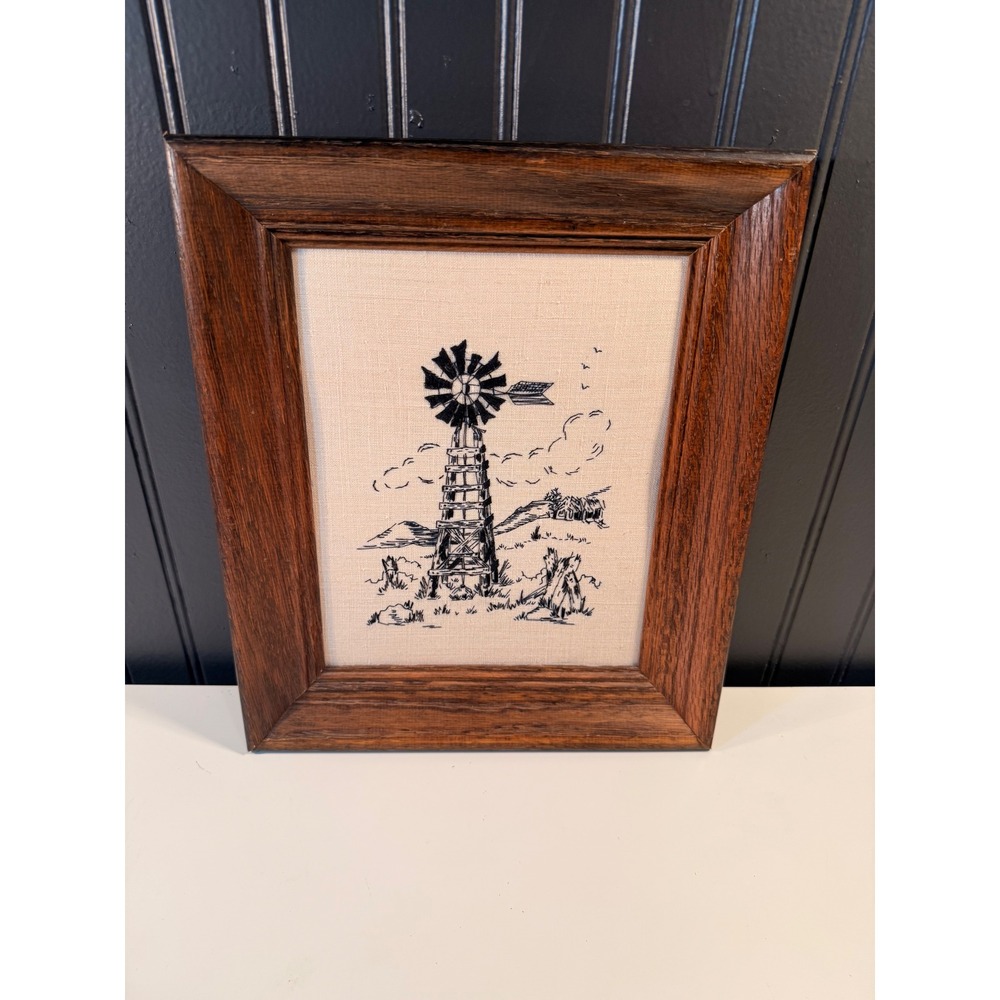 Vintage Framed Windmill Embroidery Art Western Farmhouse Decor Dark Wood Frame